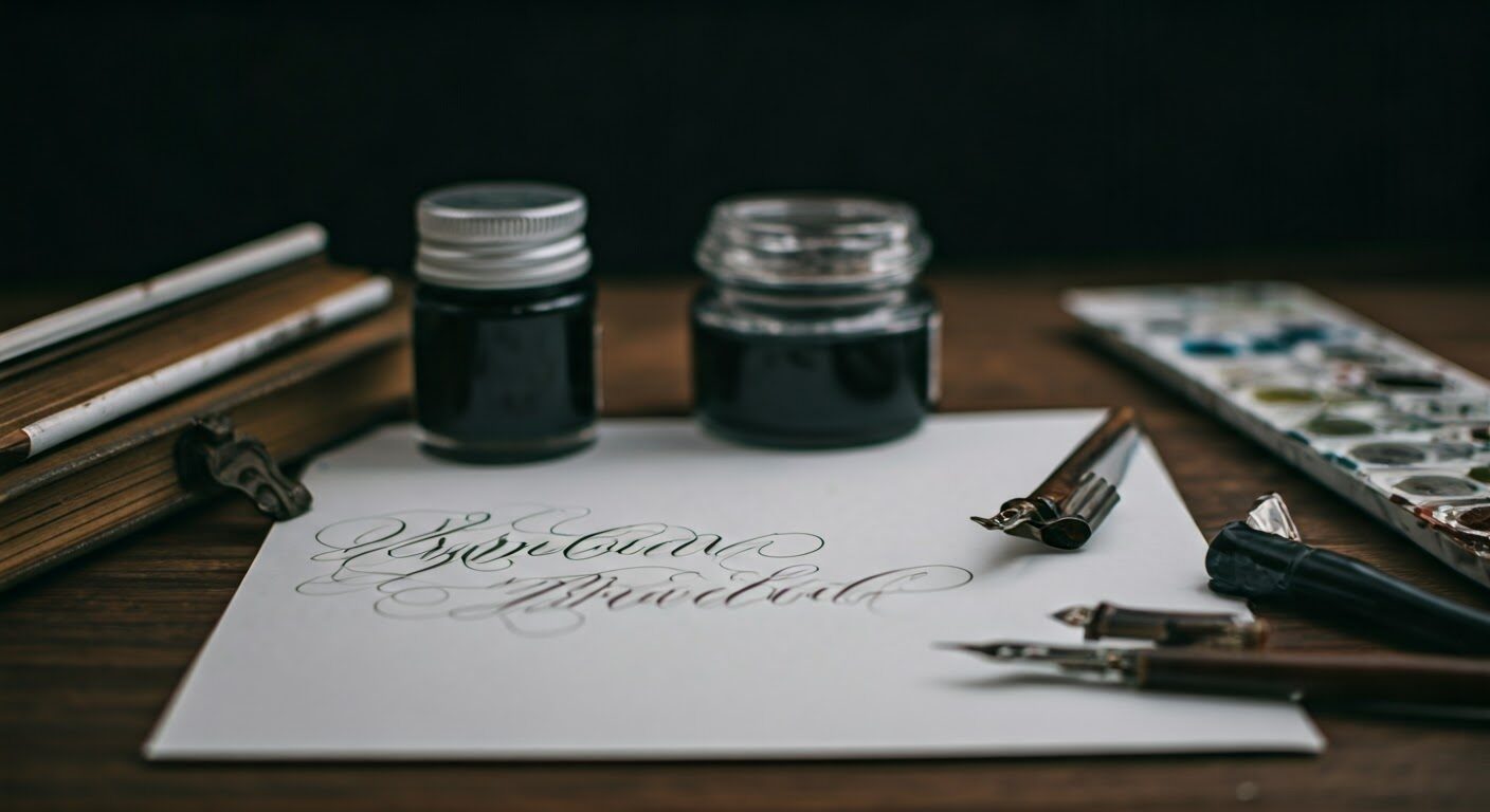 stylish calligraphy set in workspace