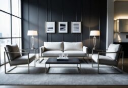 A modern living room with sleek steel furniture frames, showcasing durability and style. The frames support a comfortable sofa, a sturdy coffee table, and elegant chairs, creating a timeless and sophisticated atmosphere