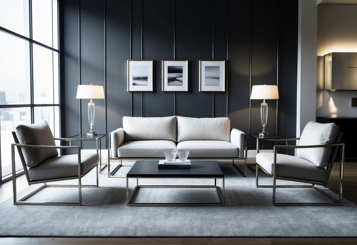 A modern living room with sleek steel furniture frames, showcasing durability and style. The frames support a comfortable sofa, a sturdy coffee table, and elegant chairs, creating a timeless and sophisticated atmosphere