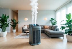 A modern HVAC system circulates clean air through a spacious, well-lit living room with potted plants and an air purifier