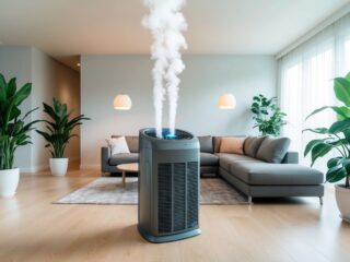 A modern HVAC system circulates clean air through a spacious, well-lit living room with potted plants and an air purifier